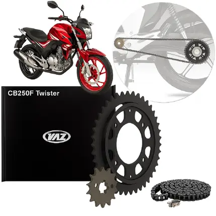 Kit Relação Transmissão Honda Twister 250 2015 à 2022 COM RETENTOR (Aço 1045 + Pinhão 13D + Coroa 40D + Corrente 520) VAZ