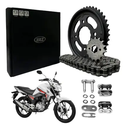 Kit Relação Transmissão Honda Titan 160 Fan 160 COM RETENTOR (Aço 1045 + Pinhão 15D + Coroa 44D + Corrente 428) VAZ